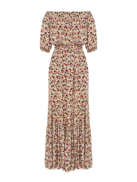 Бежевое платье-макси с открытыми плечами и цветочным принтом, 1