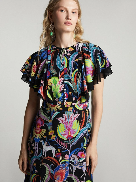 Черное платье-миди из шелка с принтом, 5