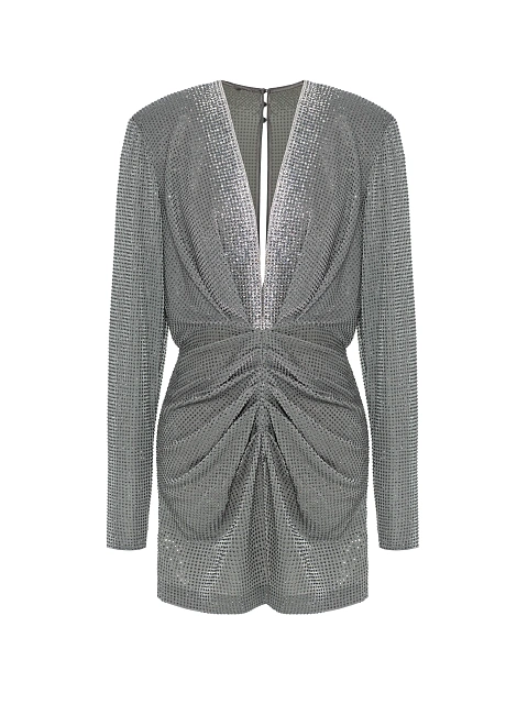 Серое платье-мини из трикотажа в стразах, 1