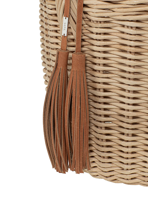 Бежевая сумка-корзина с крышкой и декором из кожи коричневого цвета, 3