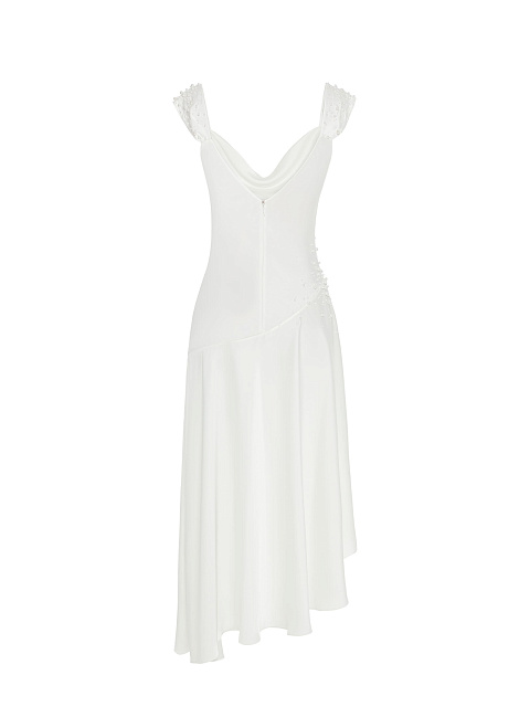 Белое платье-миди из шелка с асимметричной юбкой и жемчугом, 2 Белое платье-миди из шелка с асимметричной юбкой и жемчугом, 2