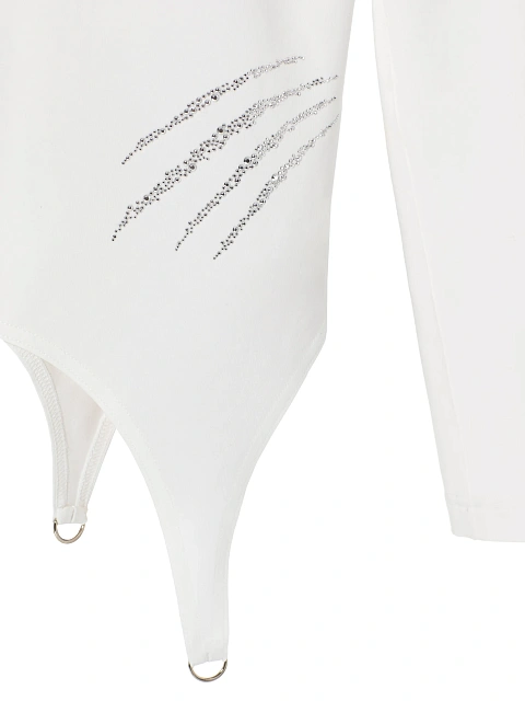 Белый хлопковый лонгслив с фигурным низом и серебристыми стразами, 4 Белый хлопковый лонгслив с фигурным низом и серебристыми стразами, 4