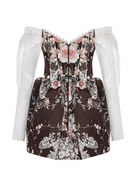 Коричневое платье-мини из шелка с принтом и белыми рукавами, 3