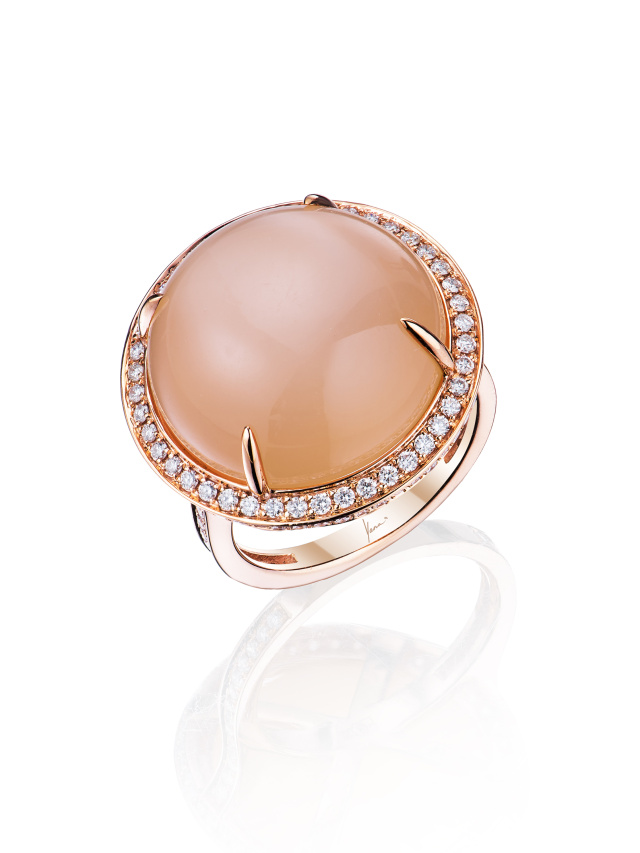 Кольцо из розового золота с лунным камнем и бриллиантами круглой огранки, 1