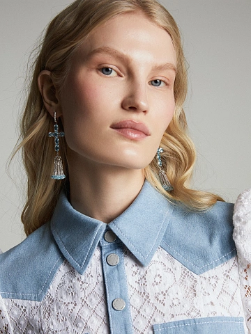 Серьги-кисти с крестами из белого золота и с топазами Sky Blue, 2