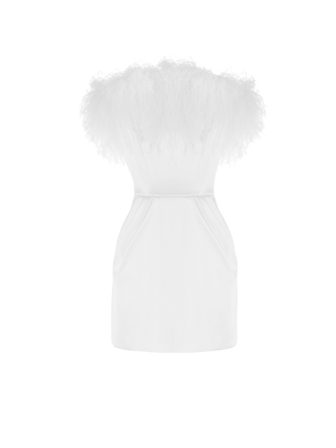 Белое мини платье-футляр с боа на топе, 1