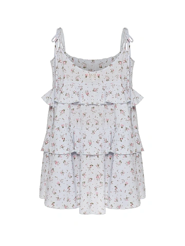 Голубое платье-мини из хлопка с цветочным принтом и воланами, 2