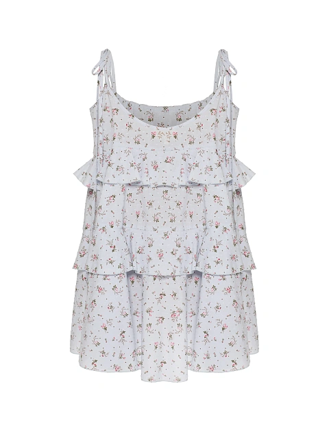 Голубое платье-мини из хлопка с цветочным принтом и воланами, 2