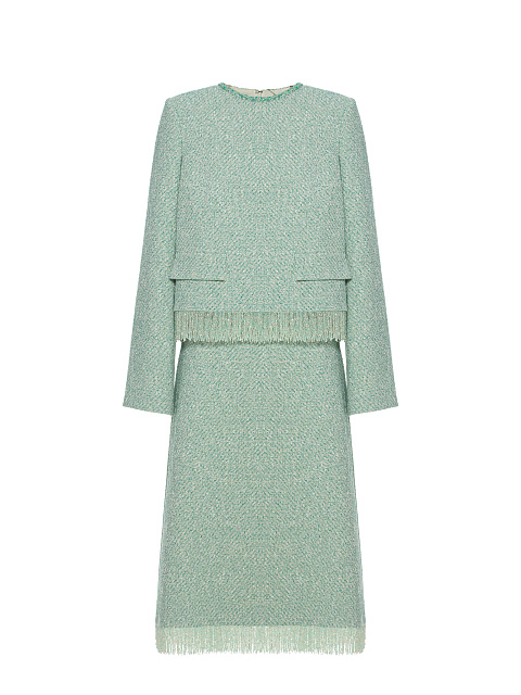 Зеленый костюм из жакета и юбки-миди с бахромой из бисера, 1