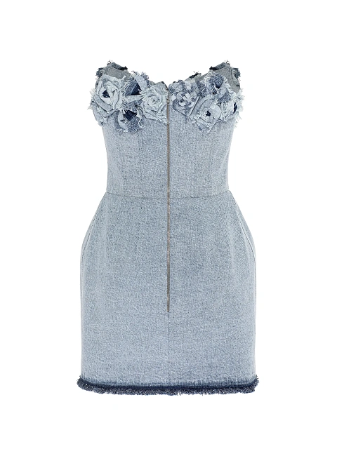 Голубое платье-мини из денима с розами на корсете, 2