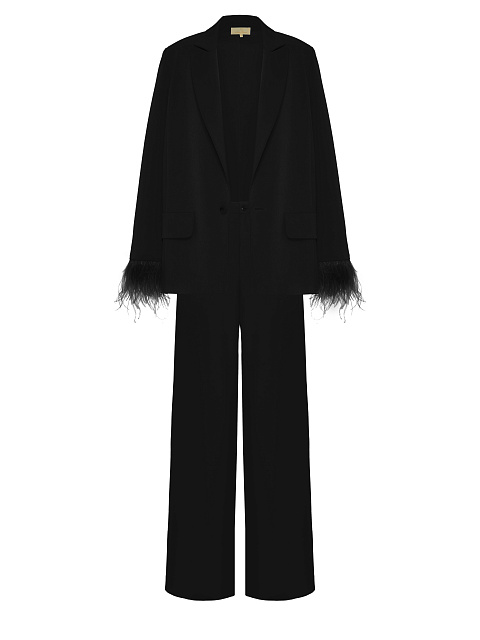 Черный брючный костюм со съемным боа на рукавах, 2