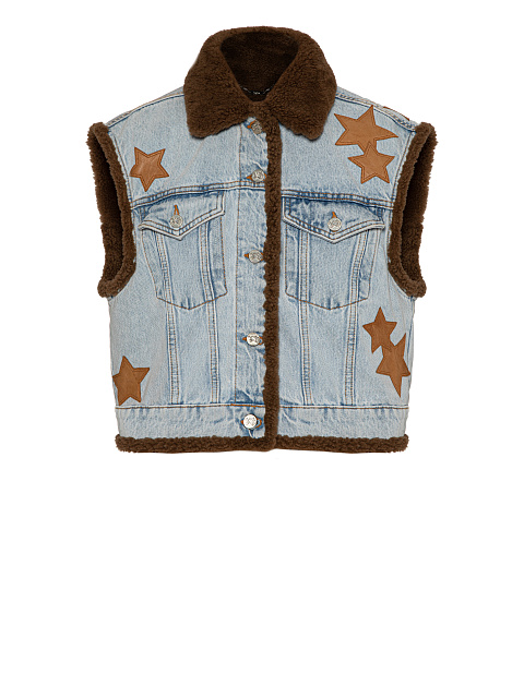 Голубой джинсовый жилет со звездами и коричневым подкладом из овчины, 1