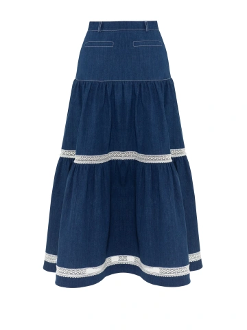Синяя юбка-миди из денима с кружевной тесьмой, 2