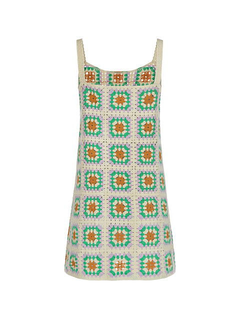 Бежевое вязаное платье-мини в технике кроше, 2