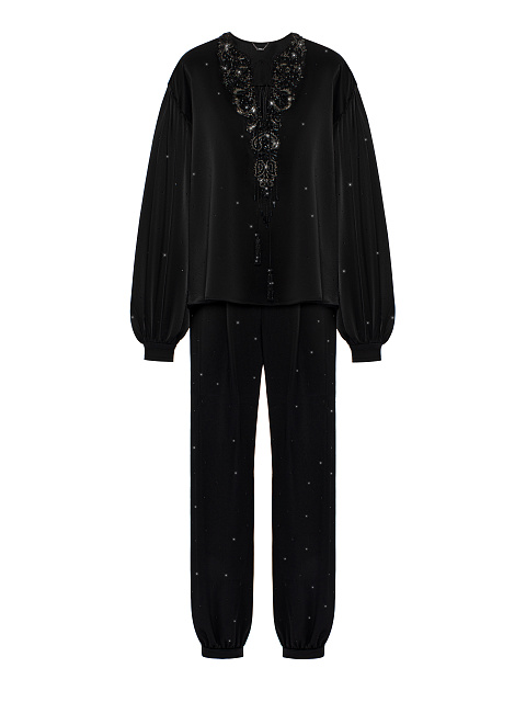 Черный костюм из шелка с вышивкой и стразами, 1