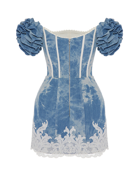 Голубое платье-мини из денима с кружевом и рукавами-буфами, 2