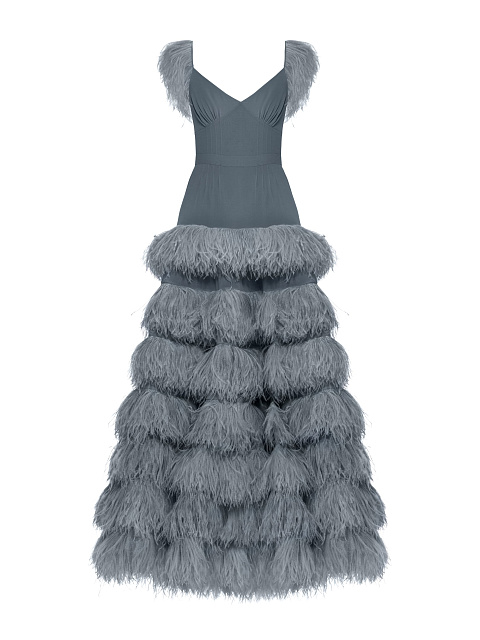 Серое платье из шифона с перьями, 1