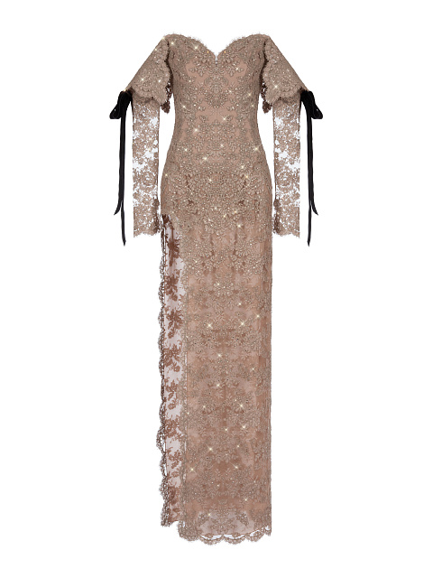 Бежевое платье-макси из кордового кружева, 1