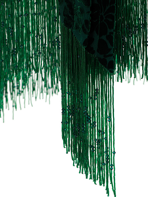 Зеленый халат из бархата с цветами и бахромой из бисера, 5