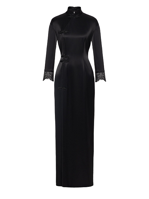 Черное платье-макси из шелка с кружевом, 1