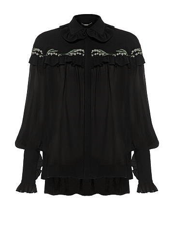 Черная хлопковая блузка с рюшами и вышивкой, 1