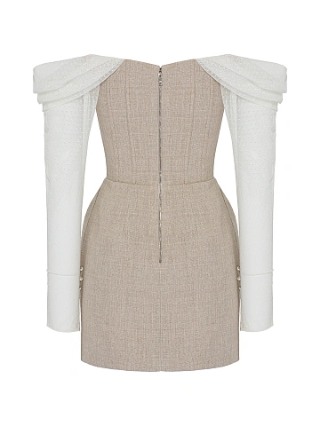 Бежевое платье-мини из льна с открытыми плечами и цветочной вышивкой, 2