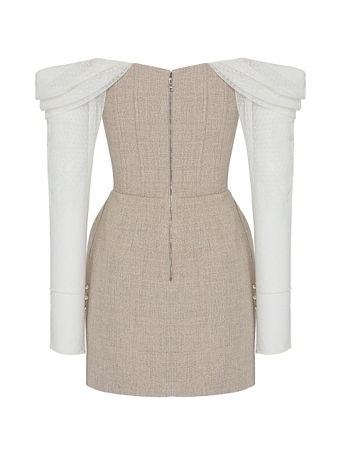 Бежевое платье-мини из льна с открытыми плечами и цветочной вышивкой, 2 Бежевое платье-мини из льна с открытыми плечами и цветочной вышивкой, 2