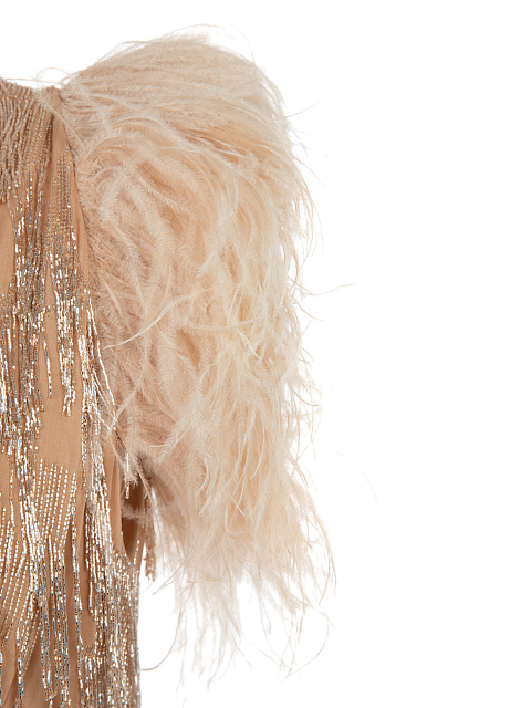 Бежевое платье из шелка с бисером и перьями, 4