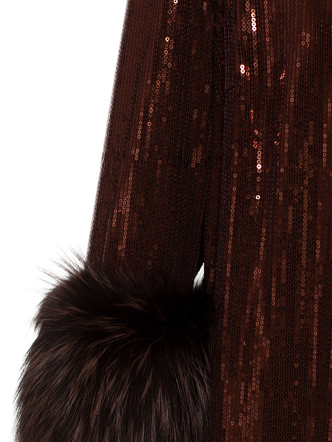 Коричневое платье-миди с пайетками и меховыми манжетами, 3
