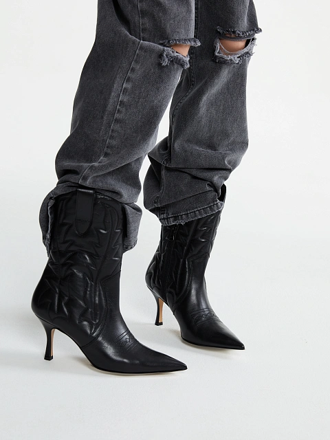 Черные кожаные казаки на каблуке, 3