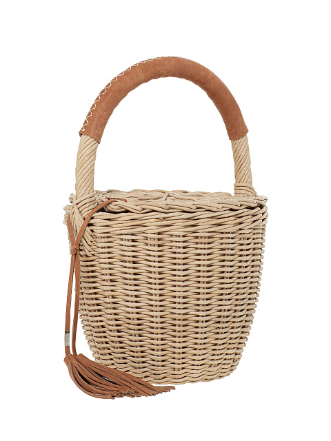 Бежевая сумка-корзина с крышкой и декором из кожи коричневого цвета, 2