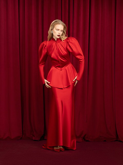 Красное шелковое платье-макси с баской, 12