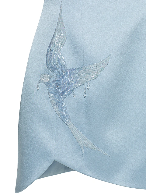 Голубое платье-мини из шелка с драпировкой и вышивкой, 5