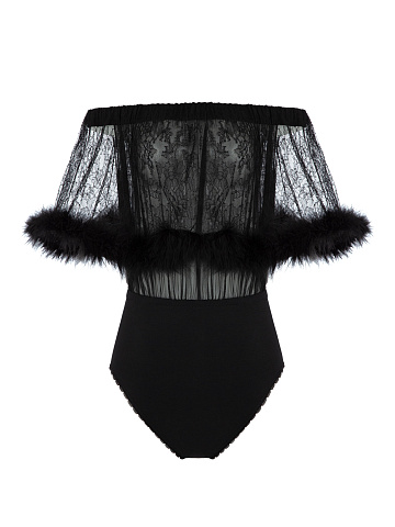 Черное кружевное боди с боа, 1