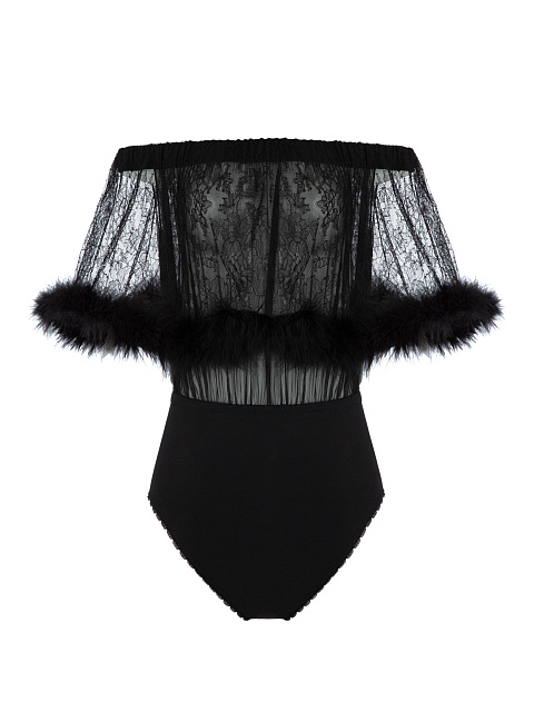 Черное кружевное боди с боа, 1