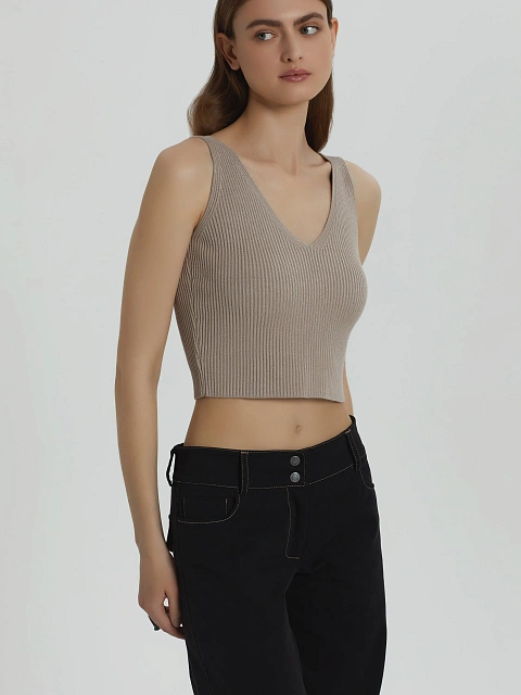 Темно-бежевый трикотажный топ-лапша, 5