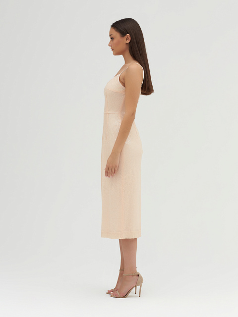 Бежевое платье-миди в пайетках, 6