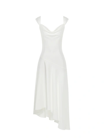 Белое платье-миди из шелка с асимметричной юбкой, 1