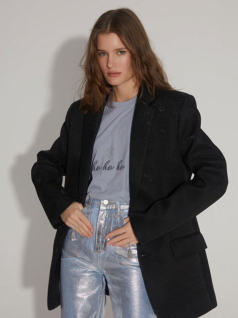 Черный однобортный жакет с люрексом, 2 Черный однобортный жакет с люрексом, 2