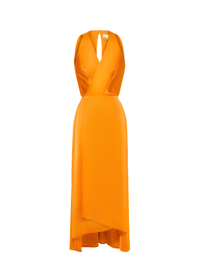 Оранжевое атласное платье-миди на запах, 1