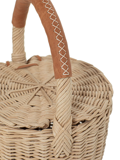 Бежевая сумка-корзина с крышкой и декором из кожи коричневого цвета, 5