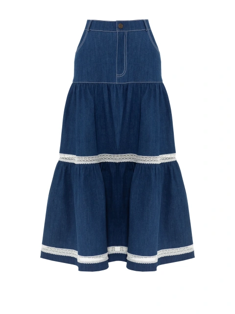 Синяя юбка-миди из денима с кружевной тесьмой, 1