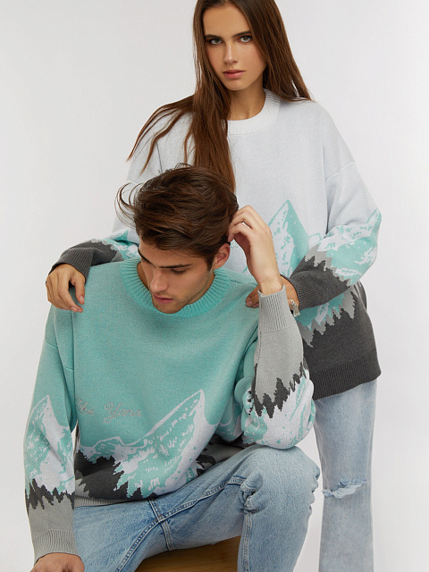 Бело-бирюзовый свитер с рисунком в виде гор, 8
