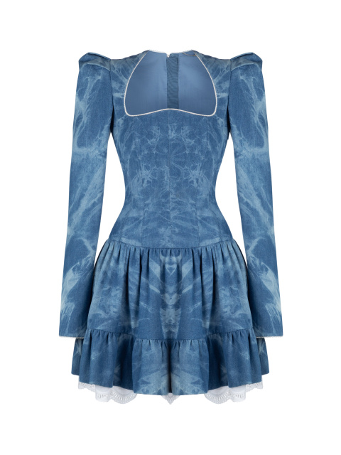 Синее платье-мини из денима с разводами в технике Tie-Dye, 1