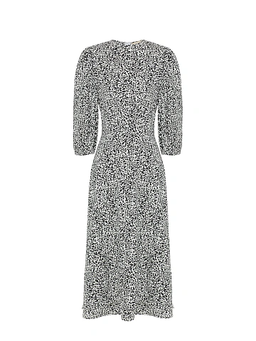 Белое платье-миди с рукавами-фонариками и принтом, 1