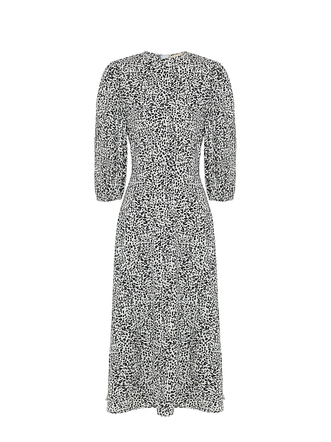 Белое платье-миди с рукавами-фонариками и принтом, 1