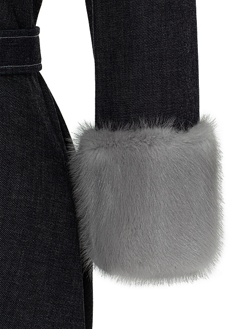 Черное платье-рубашка из денима с меховыми манжетами, 4