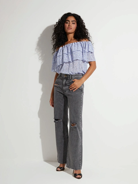 Голубой шифоновый топ с открытыми плечами, 5