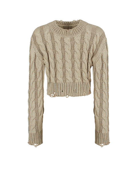 Укороченный бежевый свитер с косами и разрывами, 1