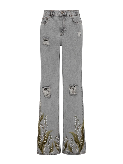 Расклешенные серые джинсы из хлопка с вышивкой, 1